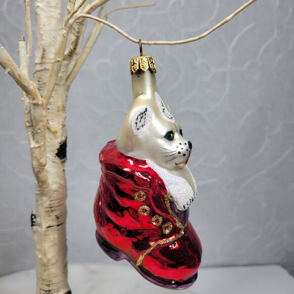 Vintage Kurt Adler Handmade Glass Cat Ornament Red Coat Glitter Christmas - Picture 5 of 16